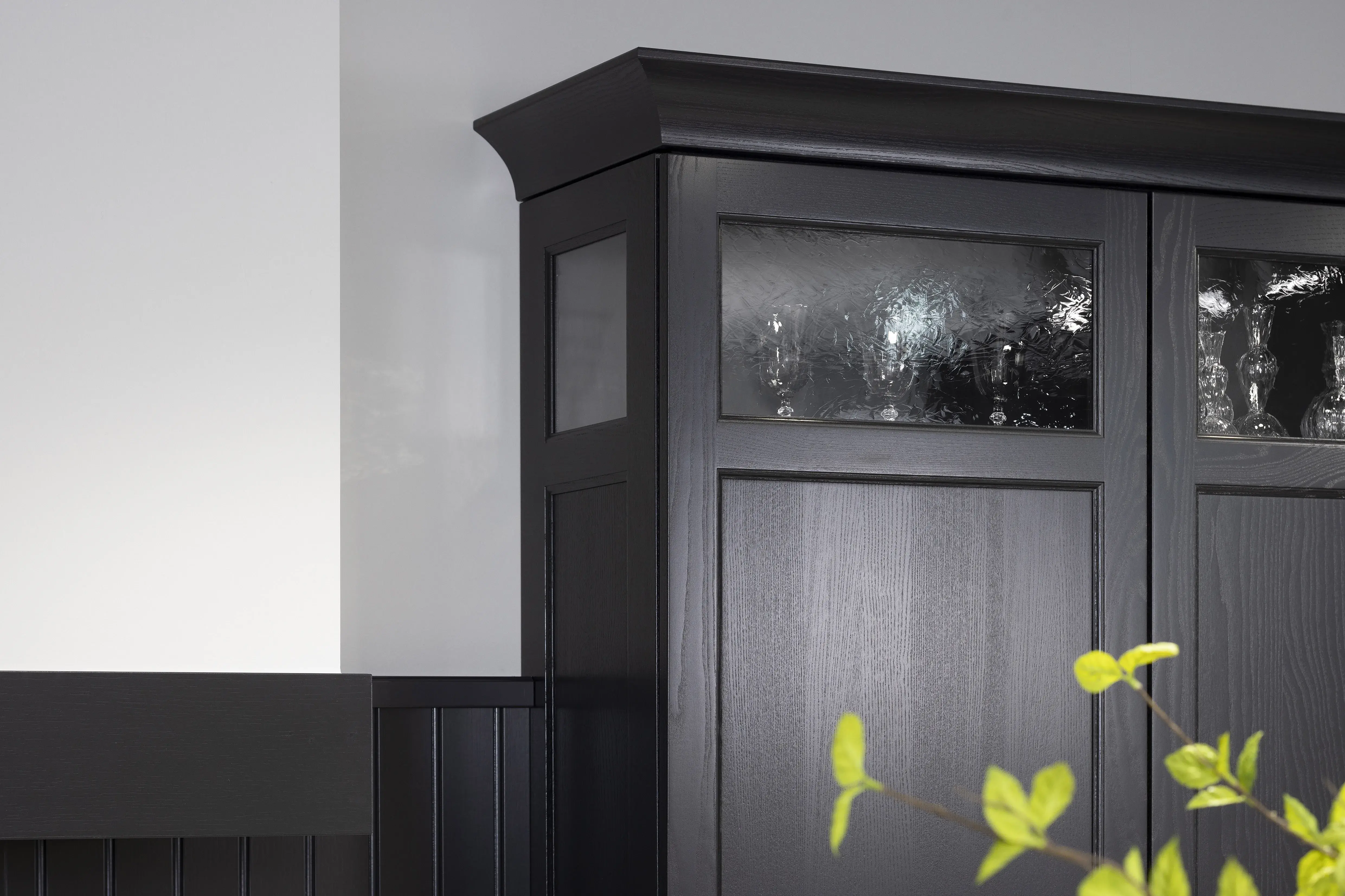 Schwarzer Schrank mit Glasfenstern, im Vordergrund Zweig mit grünen Blättern.